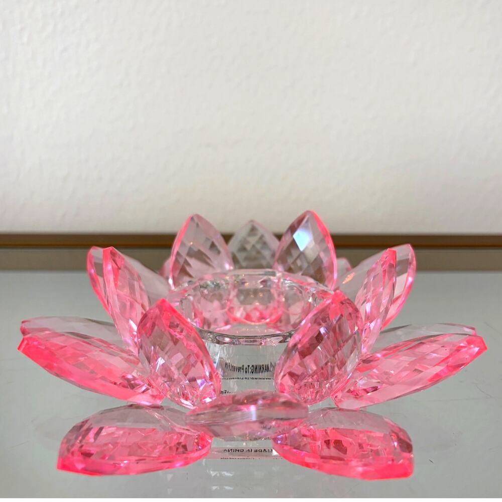 Sparking Cut Crystal Pink Glass LOTUS FLOWER Candle Holder - Picture 2 of 10